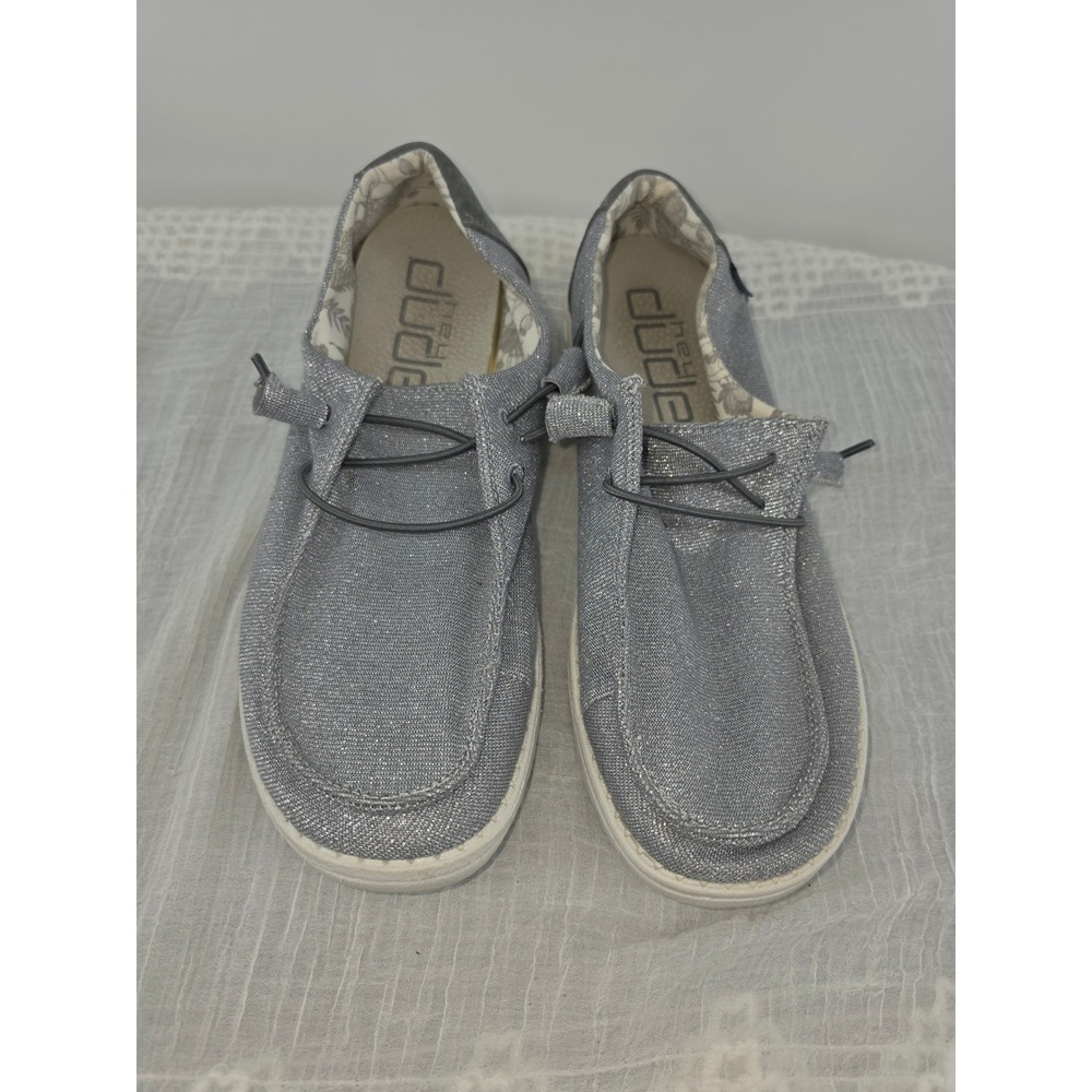 Hey Dude Wendy Stretch Sparkling Grey Women 10 Silver Metallic Slip On Loafers